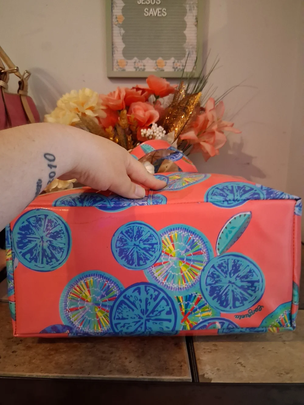 Consuela Pink Tote with Blue Citrus Motif
